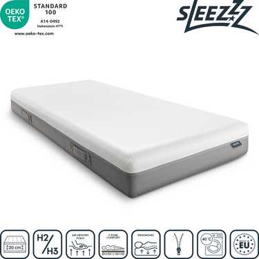 Matelas viscoélastique Sleezzz Premium 90 x 200 cm, hauteur 20 cm, degré de fermeté H2/H3, avec poignées réversibles + couverture douillette Sleezzz® Smart 140 x 200 cm gratuite