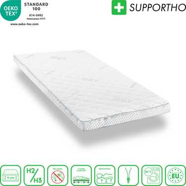 Topper en mousse froide Supportho Premium Topper 80 x 200 cm H3, hauteur 9 cm, degré de fermeté H3 avec housse antibactérienne + oreiller CloudComfort Basic Gel-Flocken 40 x 80 cm