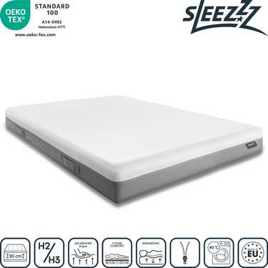 Matelas viscoélastique Sleezzz Premium 180 x 200 cm, hauteur 20 cm, degré de fermeté H2/H3, avec poignées réversibles + 2 oreillers Sleezzz® Smart réglables en hauteur