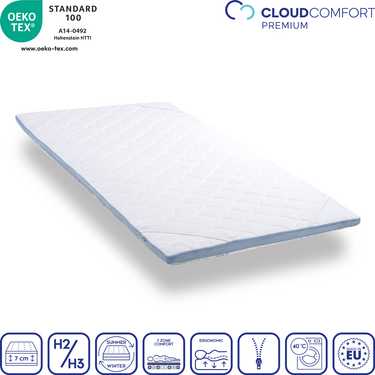 Surmatelas en mousse froide CloudComfort Cool 90 x 200 cm H2/H3, hauteur 7 cm, degré de fermeté H2/H3, surmatelas 7 zones avec face été et face hiver + oreiller CloudComfort Basic en flocons de gel 40 x 80 cm