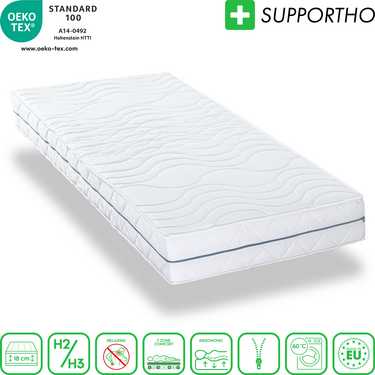 Matelas orthopédique en mousse froide Supportho Premium 80 x 200 cm, hauteur 18 cm, degré de fermeté H2/H3 + oreiller Supportho viscoélastique confort 40 x 80 cm