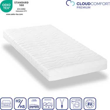 Matelas en mousse froide CloudComfort Premium 90 x 200 cm, hauteur 15 cm, degré de fermeté H2/H3 + oreiller CloudComfort viscoélastique confort 40 x 80 cm