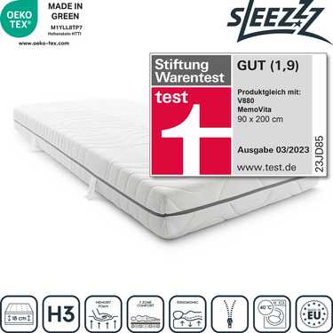 Matelas viscoélastique 7 zones Sleezzz Smart 90 x 200 cm, hauteur 18 cm, degré de fermeté H3 avec mousse à mémoire de forme Air + couverture douillette Sleezzz® Smart anthracite 140 x 200 cm