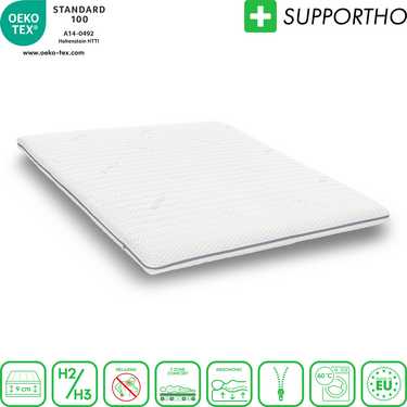 Surmatelas en mousse froide Supportho Premium Topper 140 x 200 cm H3, hauteur 9 cm, degré de fermeté H3 avec housse antibactérienne + oreiller Supportho effet gel 40 x 80 cm