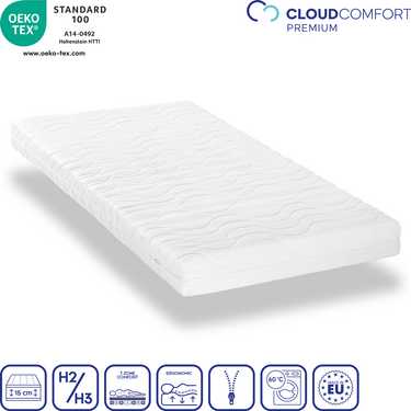 Matelas Premium 7 zones 100x200 cm CloudComfort, hauteur 15 cm, degré de fermeté H2/H3 + couverture douillette Sleezzz® Smart 140 x 200 cm