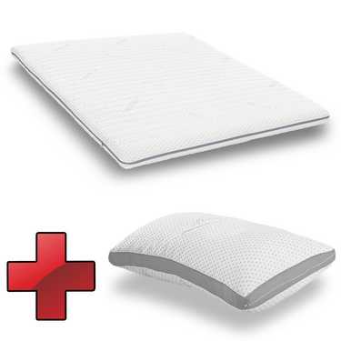 Surmatelas en mousse froide Supportho Premium Topper 140 x 200 cm H3, hauteur 9 cm, degré de fermeté H3 avec housse antibactérienne + oreiller Supportho effet gel 40 x 80 cm