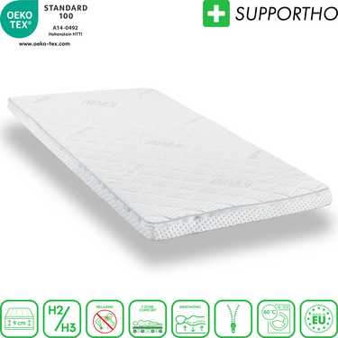 Topper en mousse froide Supportho Premium Topper 100 x 200 cm H3, hauteur 9 cm, degré de fermeté H3 avec housse antibactérienne + oreiller CloudComfort Basic Gel-Flocken 40 x 80 cm