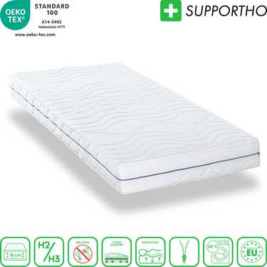 Matelas orthopédique en mousse froide Supportho Premium 100 x 200 cm, hauteur 18 cm, degré de fermeté H2/H3 + Oreiller confort Supportho effet gel 40 x 80 cm