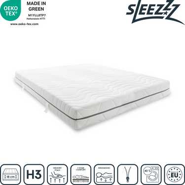 Matelas viscoélastique 7 zones Sleezzz Smart 120 x 200 cm, hauteur 18 cm, degré de fermeté H3 avec mousse à mémoire de forme Air + oreiller cervical orthopédique Sleezzz Premium effet gel 32 x 60 cm