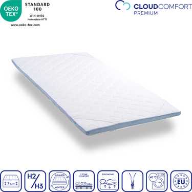 Surmatelas en mousse froide CloudComfort Cool 80 x 200 cm H2/H3, hauteur 7 cm, degré de fermeté H2/H3, surmatelas 7 zones avec face été et hiver