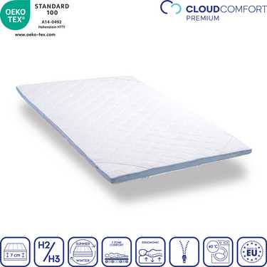 Surmatelas en mousse froide CloudComfort Cool 140 x 200 cm H2/H3, hauteur 7 cm, degré de fermeté H2/H3, surmatelas 7 zones avec face été et hiver