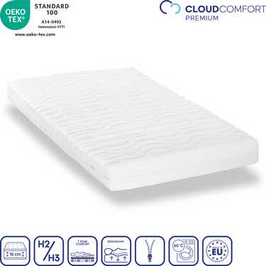 Matelas en mousse froide CloudComfort Premium 140 x 200 cm, épaisseur 15 cm, degré de fermeté H2/H3 + oreiller CloudComfort viscoélastique confort 40 x 80 cm